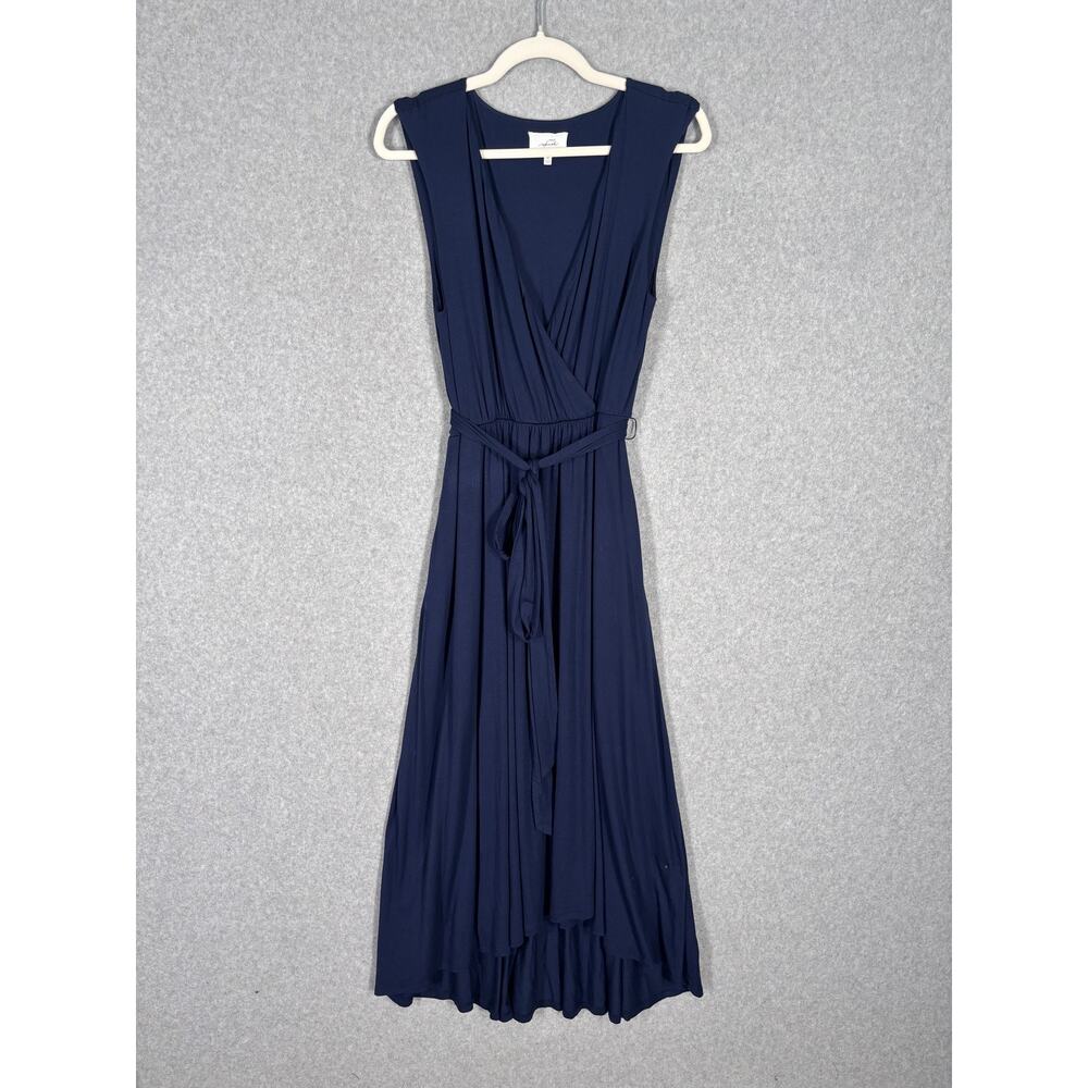 Soma Wrap Maxi Dress Medium Navy Soft Jersey Pockets Flowy Hi Lo Resort Cruise**